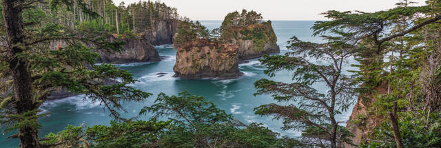 Cape Flattery ocean panorama with rock formations.