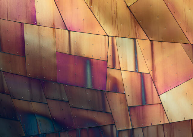 Up-close abstract of the Frank-Gehry-designed MoPOP building in downtown Seattle.