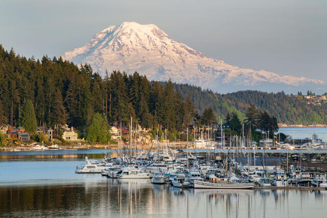 Gig Harbor and Mount Rainier at sunset.