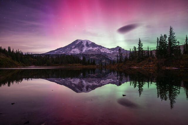 Mount Rainier Northern Lights Reflection