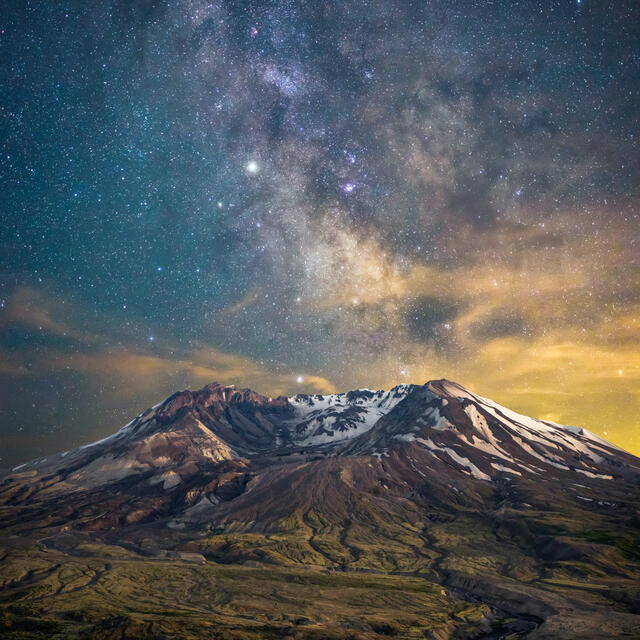 The Milky Way galaxy above Mount St. Helens.