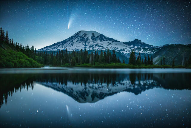 Comet NEOWISE over Mount Rainier and reflected in Bench Lake.