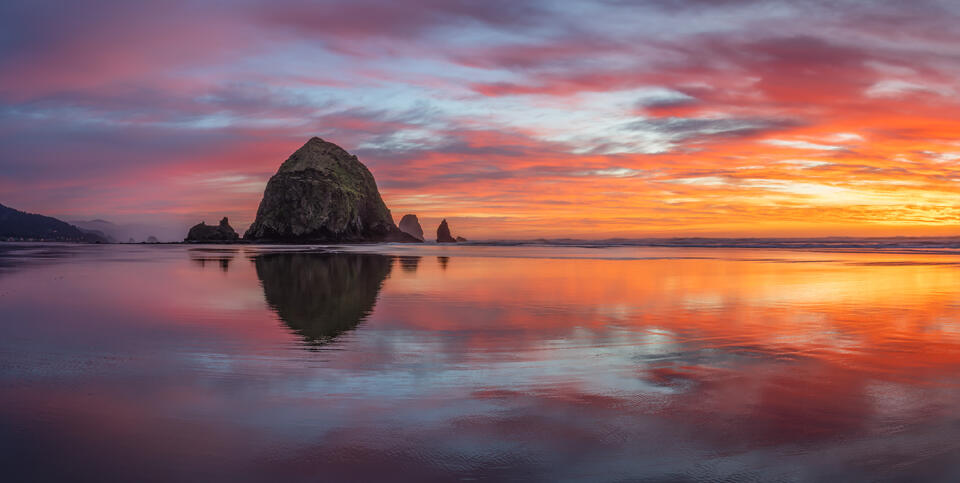 Cannon Beach Sunset Reflections Panorama