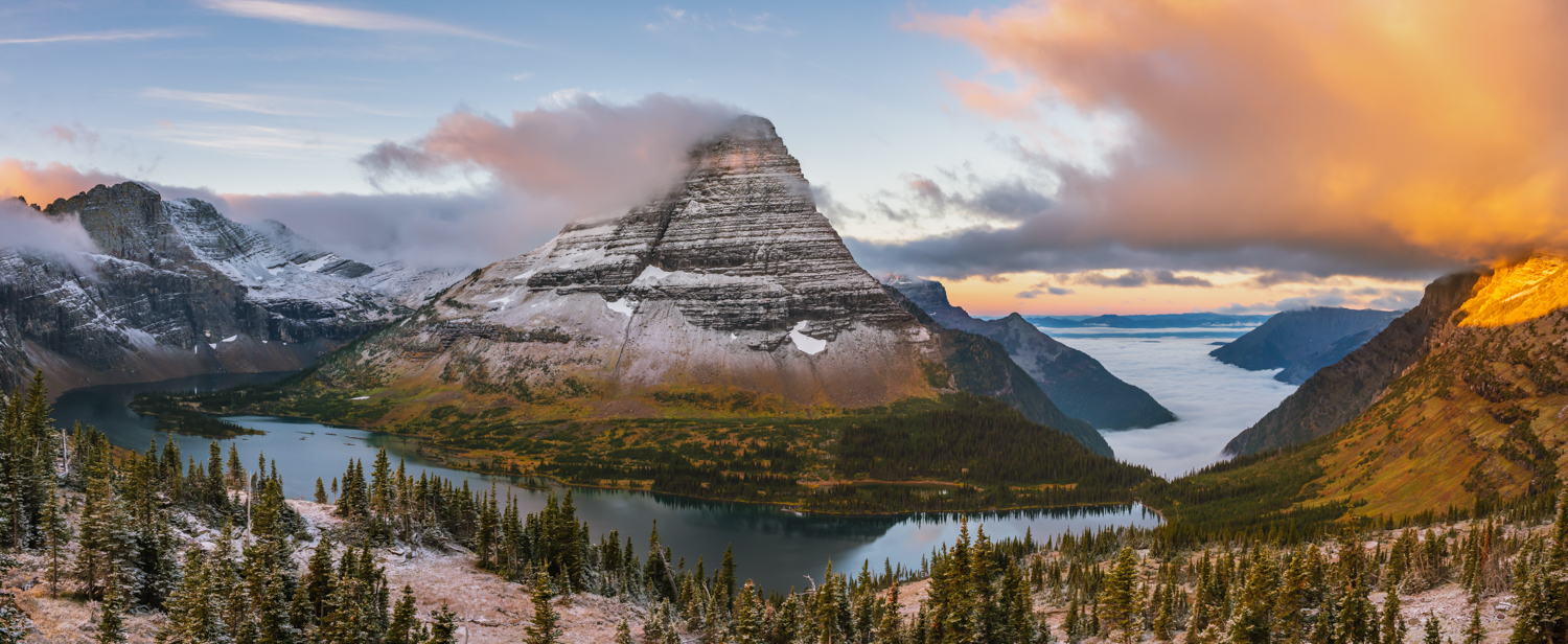 Hidden Lake and Bearhat mountain at sunrise in Glacier National Park.