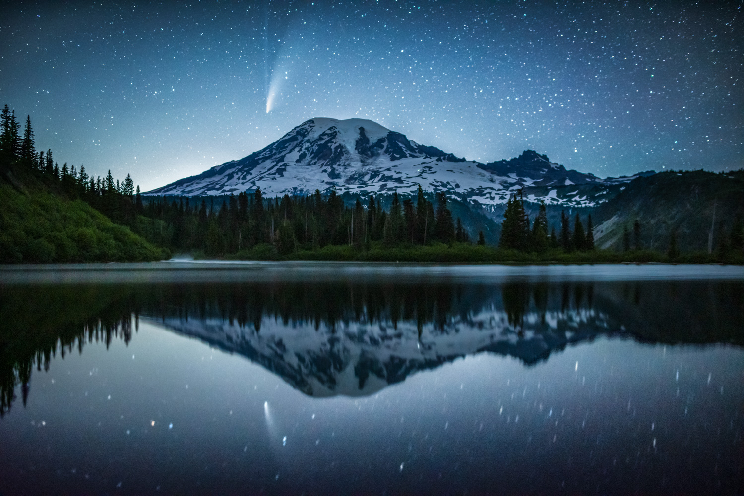 Comet NEOWISE over Mount Rainier and reflected in Bench Lake.