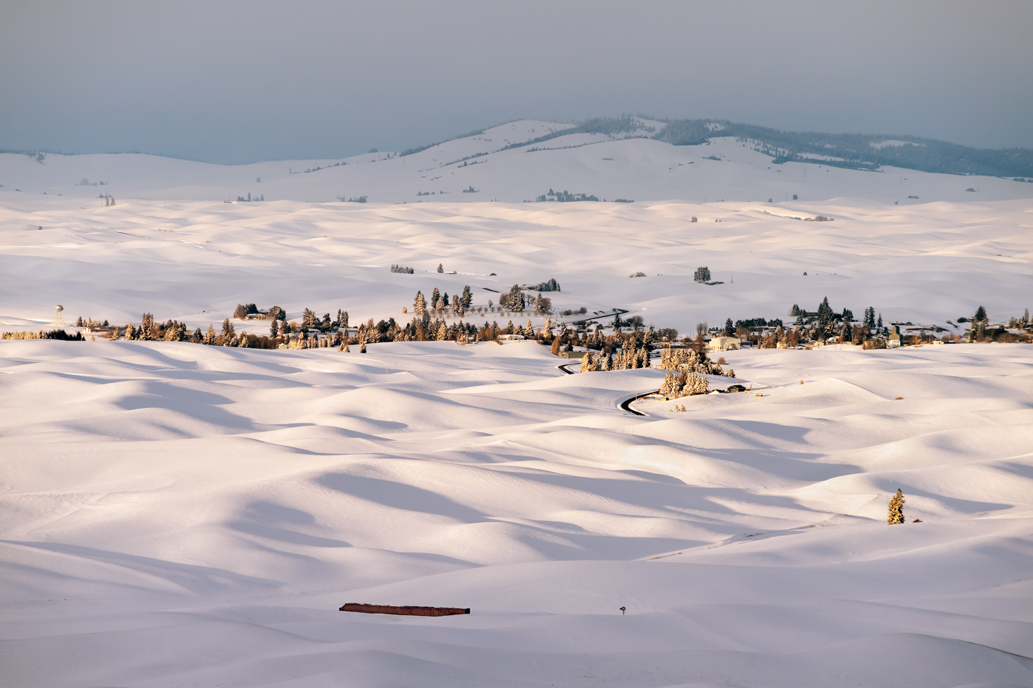 A panorama of Oakesdale, Washington covered in snow in winter.