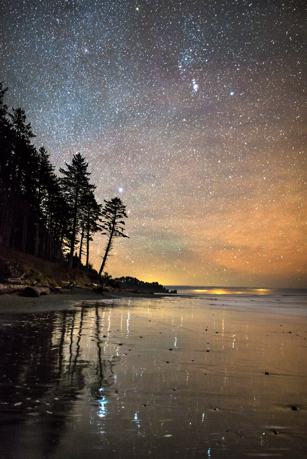 Starry skies and starry reflections at Second Beach in LaPush, Washington.